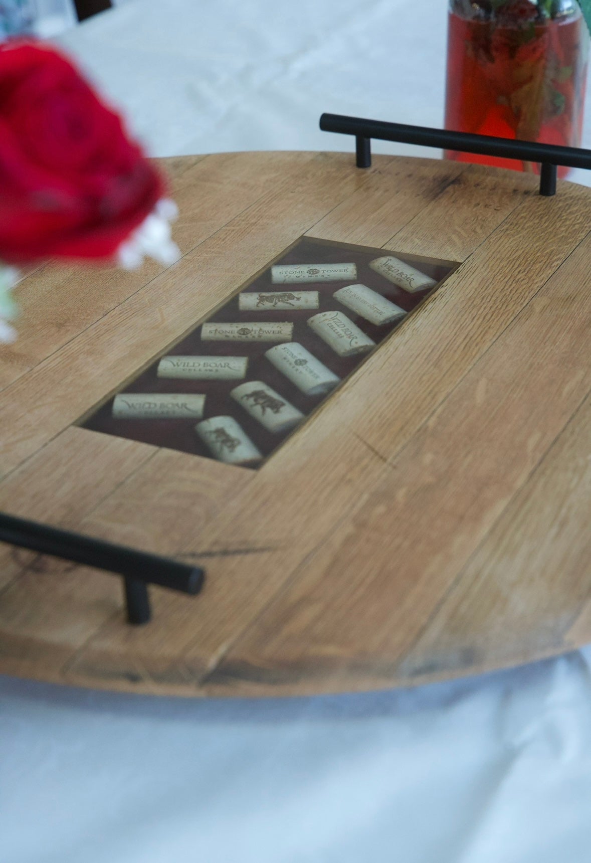 Cork Embedded Lazy Susan Serving Tray From Retired Wine Barrel