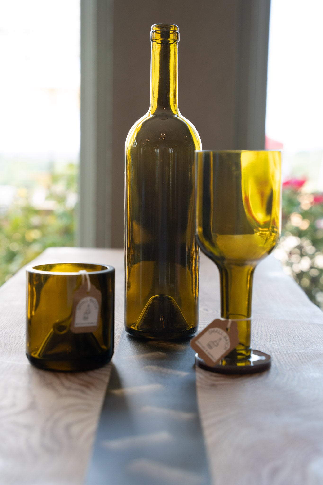 Upcycled Olive Green Wine Bottle: Wine and whiskey glass combo