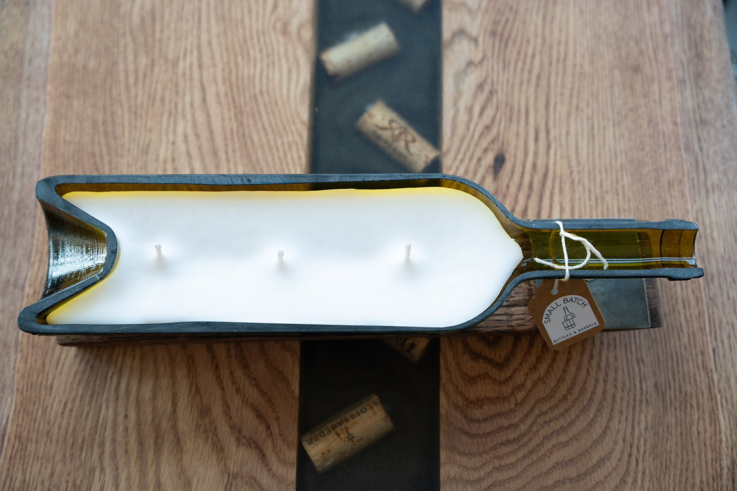3-Wick Wine Bottle Candle On Barrel Stave Base