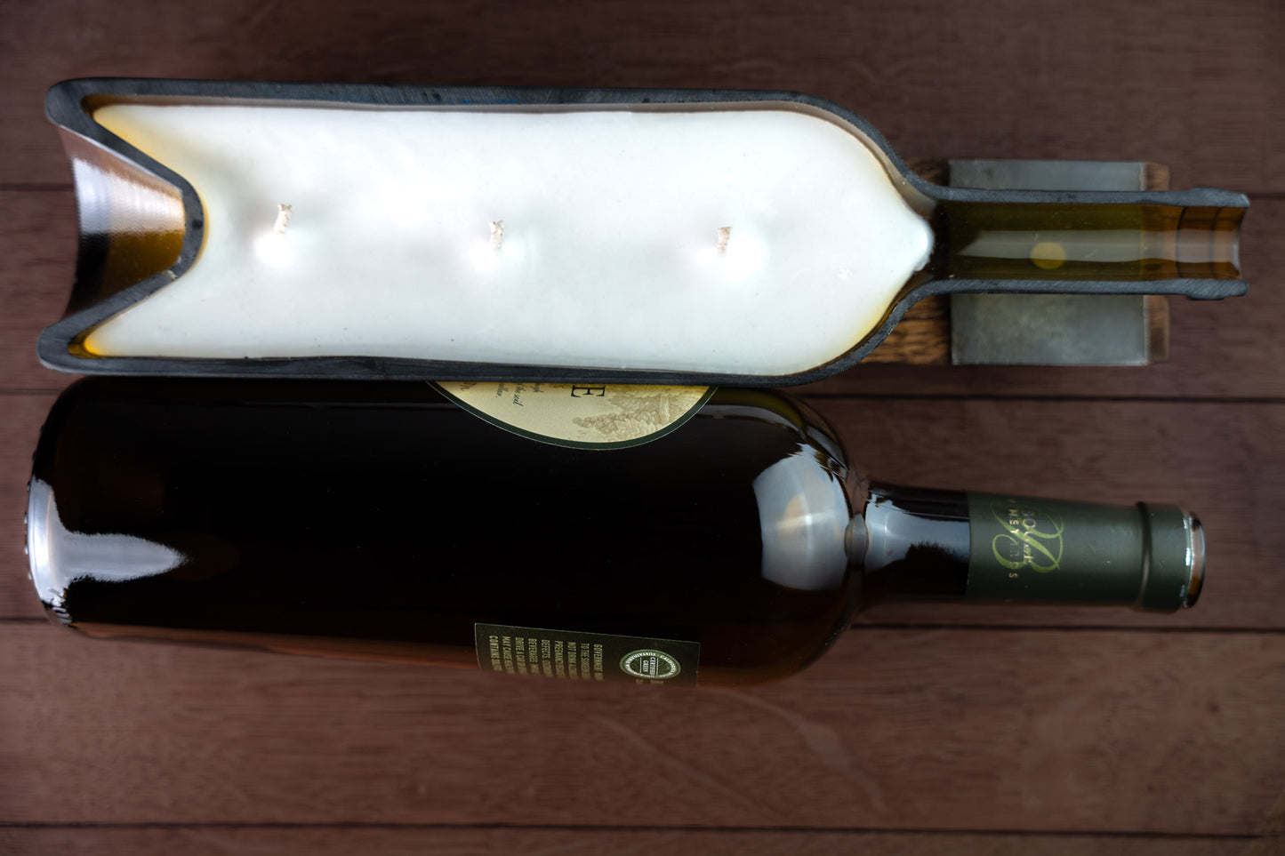 3-Wick Wine Bottle Candle On Barrel Stave Base