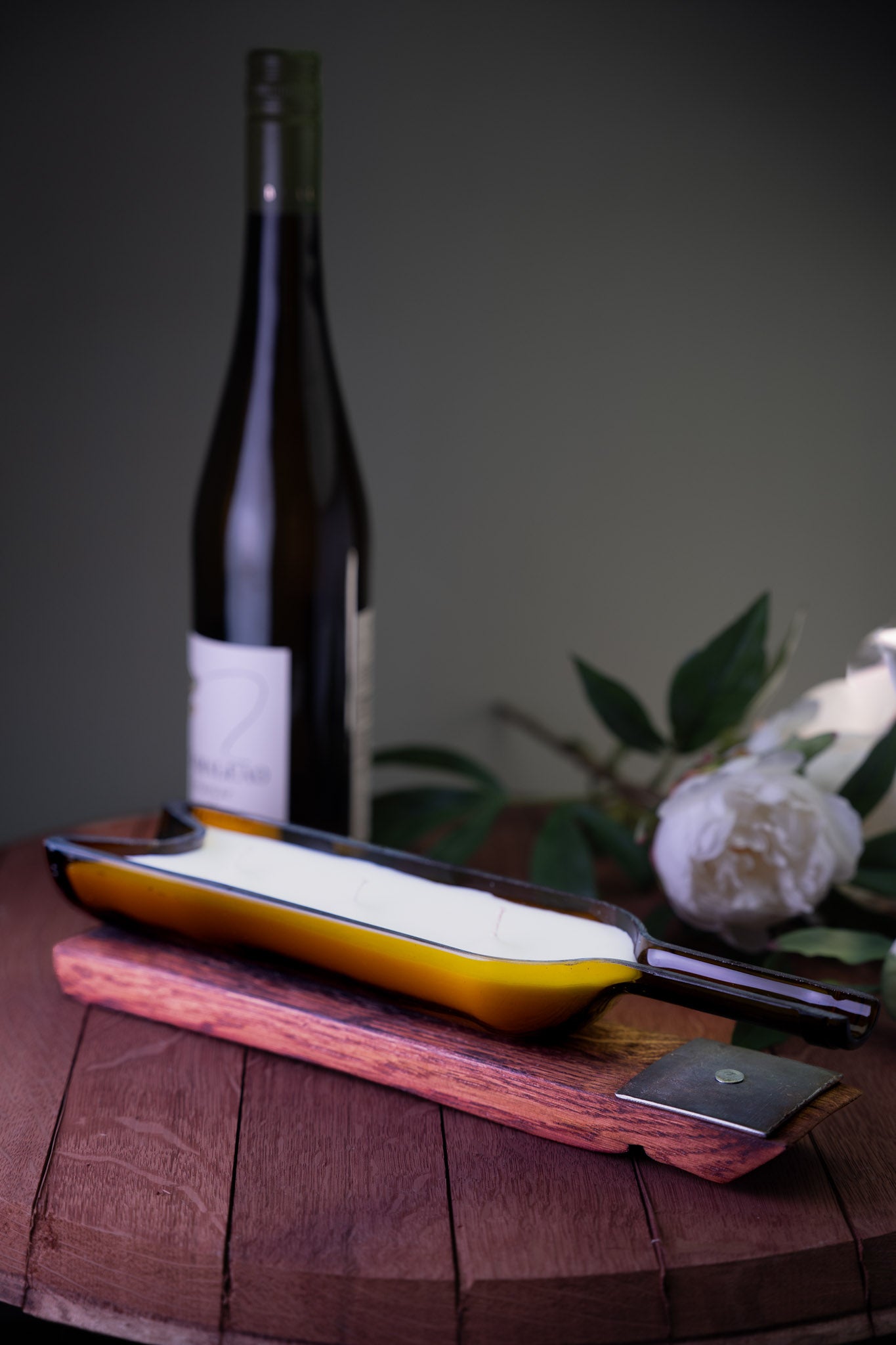 3-Wick Wine Bottle Candle On Barrel Stave Base
