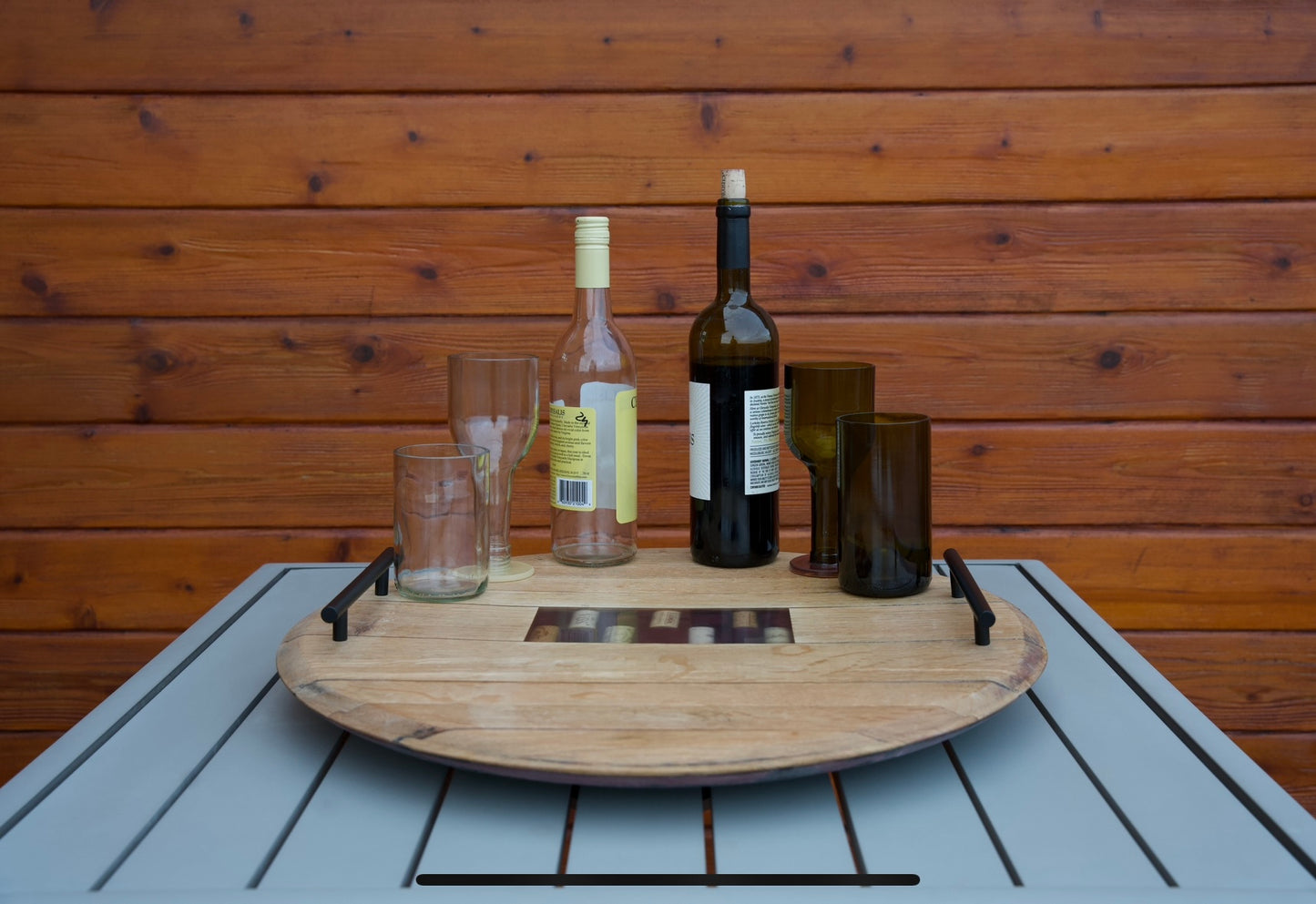 Cork Embedded Lazy Susan Serving Tray From Retired Wine Barrel