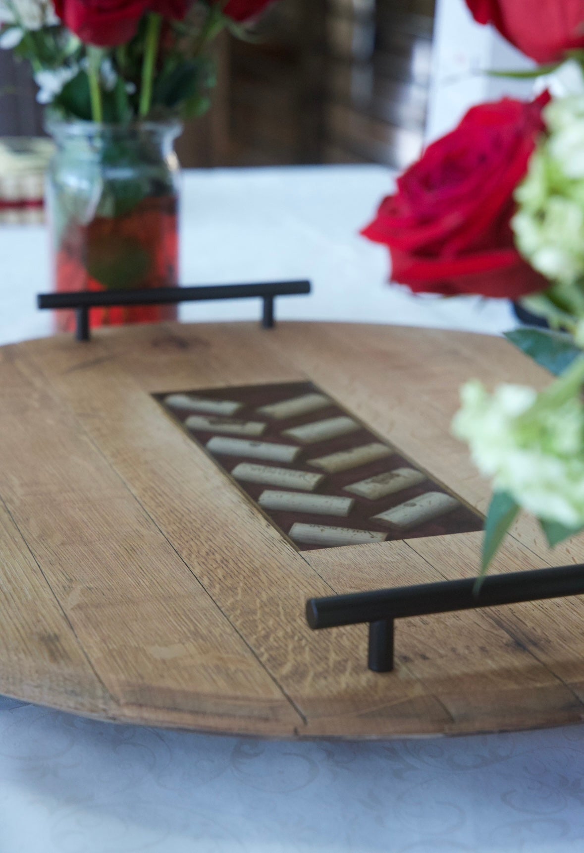 Cork Embedded Lazy Susan Serving Tray From Retired Wine Barrel