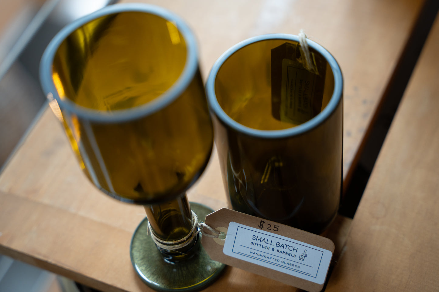 Upcycled Olive Green Wine Bottle: Wine and whiskey glass combo