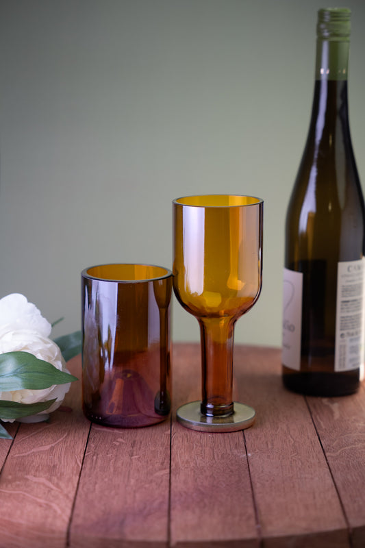 Upcycled Olive Green Wine Bottle: Wine and whiskey glass combo